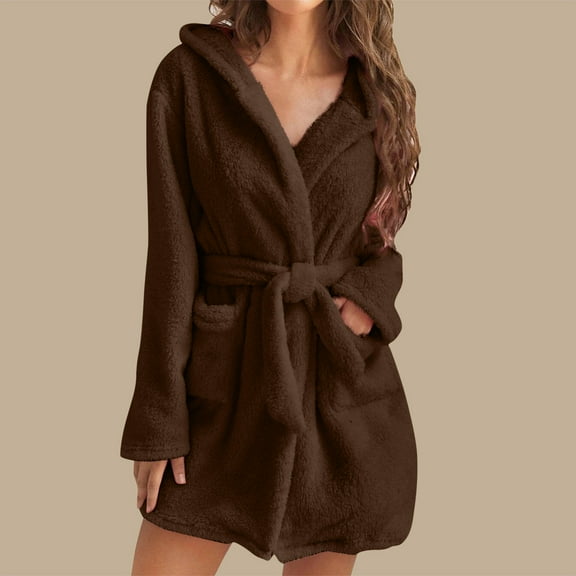 QUNYINEY Brown Women's Robe Short Bathrobe Solid Fleece Loungewear Long Sleeve with Pocket Warm Heavyweight Shawl Collar Belt Sleepwear