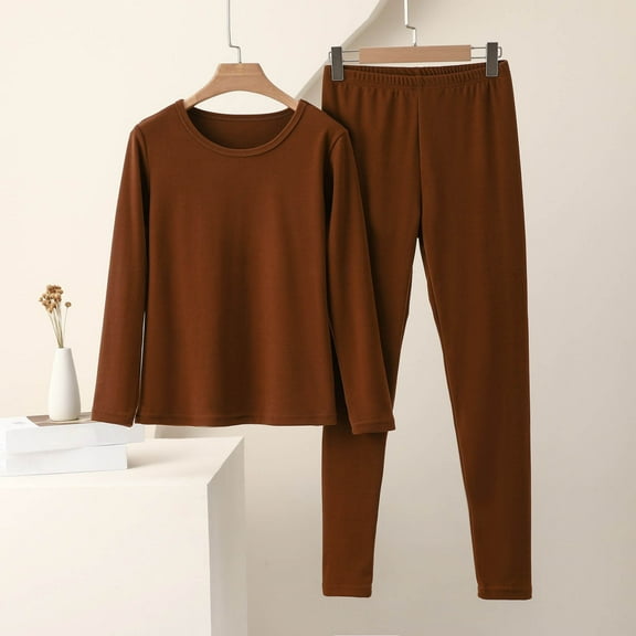 QUNYINEY Brown Womens Pajama Set Crew Neck Fleece Winter Long Sleeve Top and Pants Pants Sleepwear Loose Fit Womens Two Piece Outfits