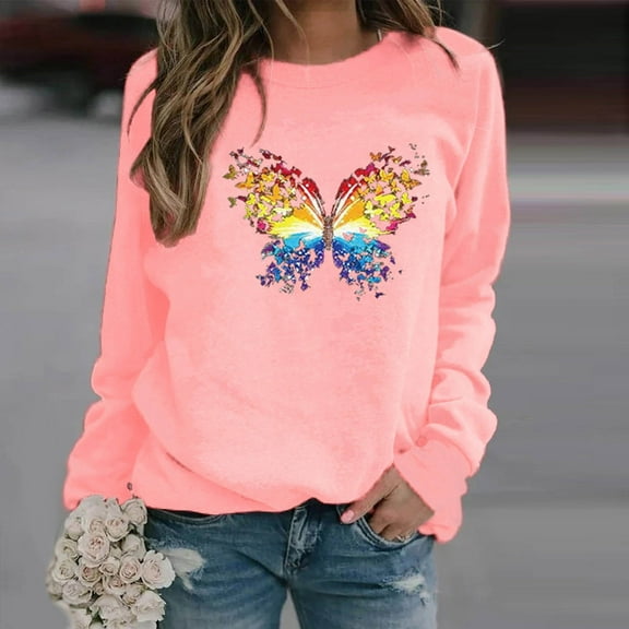 QUNYINEY Butterfly Sweatshirts Women Casual Crew Neck Long Sleeve Pink Tops Drop Shoulder Pullover Loose Sweatshirts