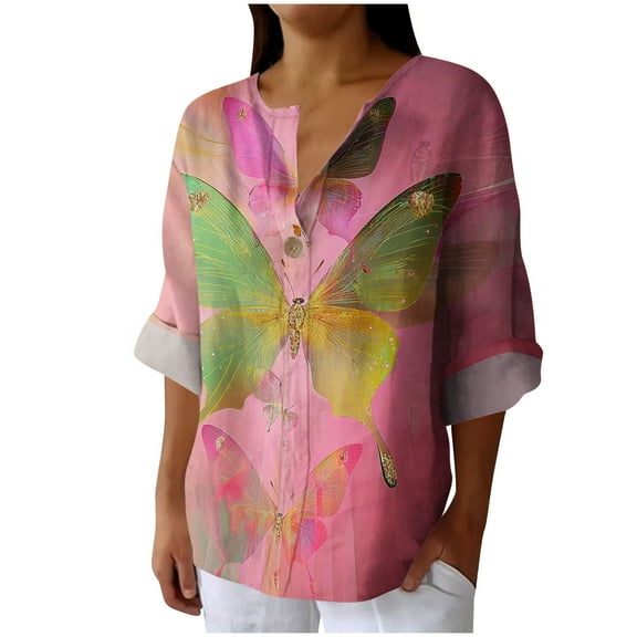 QUNYINEY Butterfly Womens Going Out Tops Long Sleeve Cotton Linen Casual Shirts V Neck Button Pullover Loose Blouse
