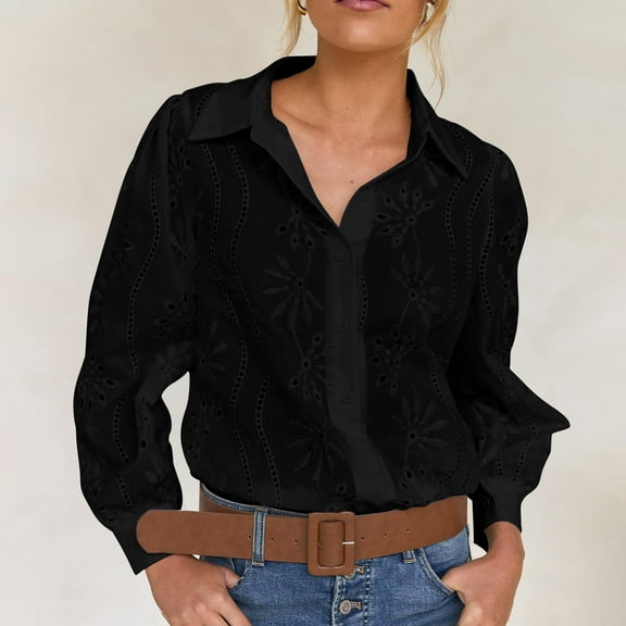 QUNYINEY Button Down Dress for Women Vintage Long Sleeve Tops Smocked Loose Fit Cut Out Collared Women’S Blouses