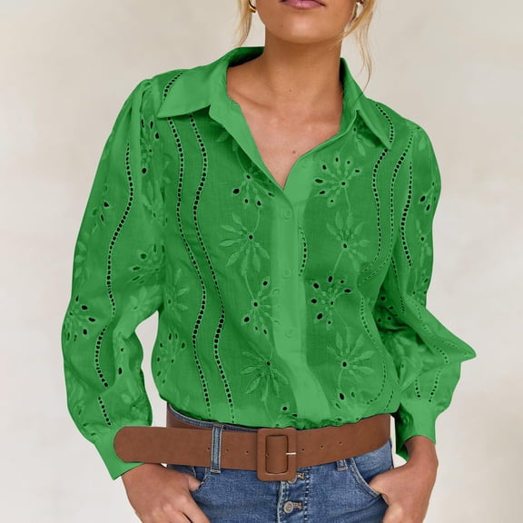 QUNYINEY Button Down Shirt Women Long Sleeve Vintage Tops Smocked Collared Cut Out Loose Fit Women Blouse