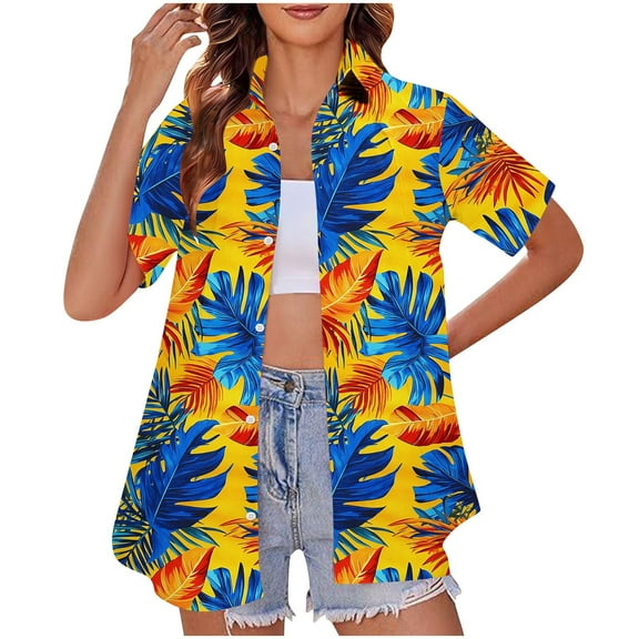 QUNYINEY Button Down Shirts for Women Collared Short Sleeve Casual Hawaiian Tops Loose Summer Beach Women's Tops