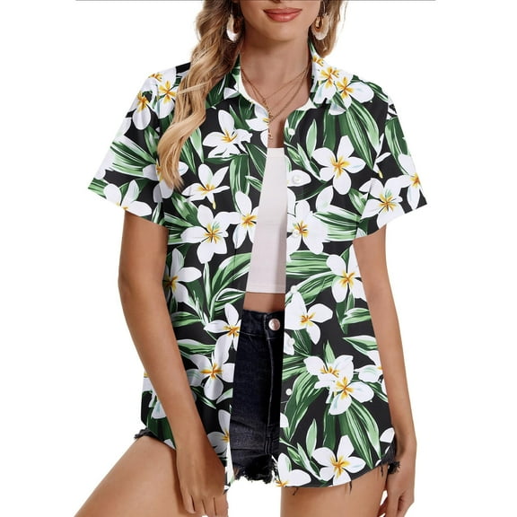 QUNYINEY Button Down Shirts for Women Short Sleeve Casual Collared Hawaiian Tops Loose Floral Shirts