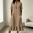 thumbnail image 1 of QUNYINEY Button Dresses for Women Plus Size Fall Midi Short Sleeve Cotton Linen A Line Dress V Neck with Pockets Loose Fit Solid Casual Dresses, 1 of 8