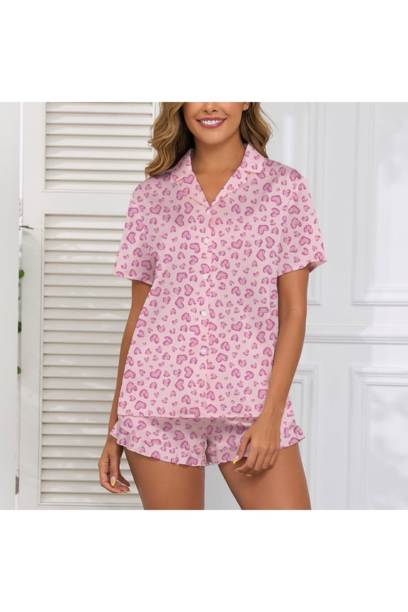 Button Down Plus Size Pajamas for Women Set 2 Piece Cute Short Sleeve Love Heart Shirts And Shorts Drawstring Notch Collar Softies Loungewear Set for Women