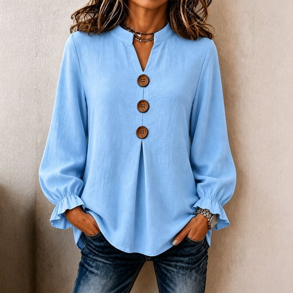 QUNYINEY Button Tops for Women Trendy Blue Puff Long Sleeve Fall Winter Shirts Loose Fit Casual V Neck Pullover Womens Blouses S-2XL