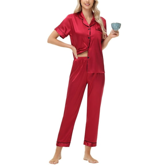 QUNYINEY Button Down Women's Pajama Sets Satin Red Notch Collar Short Sleeve Top and Pants Pants with Pocket Loose Fit Sleepwear 2 Piece Outfits for Women