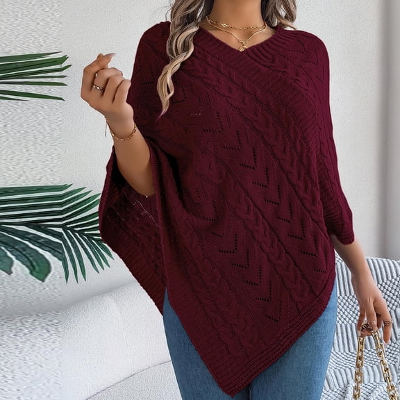 QUNYINEY Cable Knit Sweaters for Women Trendy Pullover V Neck Solid Red Tops Long Sleeve Irregular Hem Lightweight Casual Relaxed Fit Sweaters