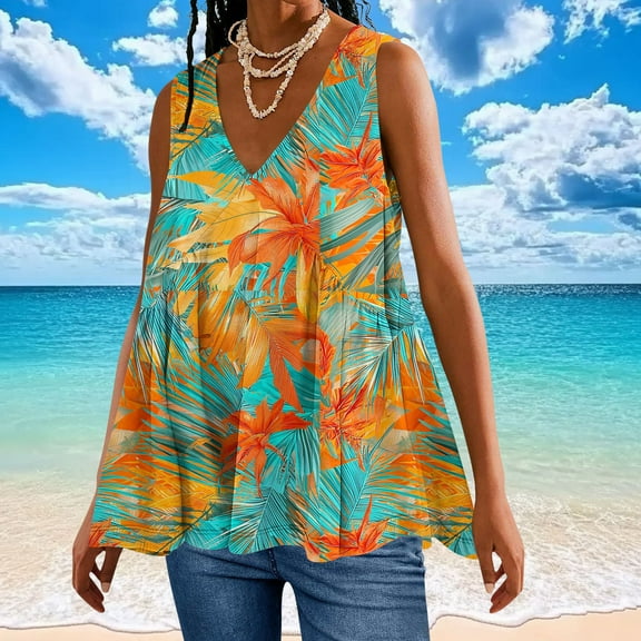 QUNYINEY Camisole Tank Top Women Sleeveless Hawaiian V Neck Casual Tops Summer Pleated Loose Tank Tops