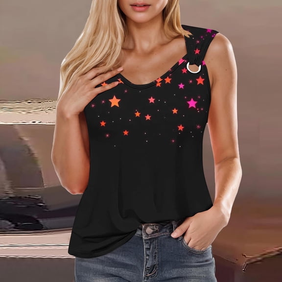 QUNYINEY Camisole Tank Top Women Star Sleeveless V Neck Casual Tops Vacation Summer Loose Tank Tops