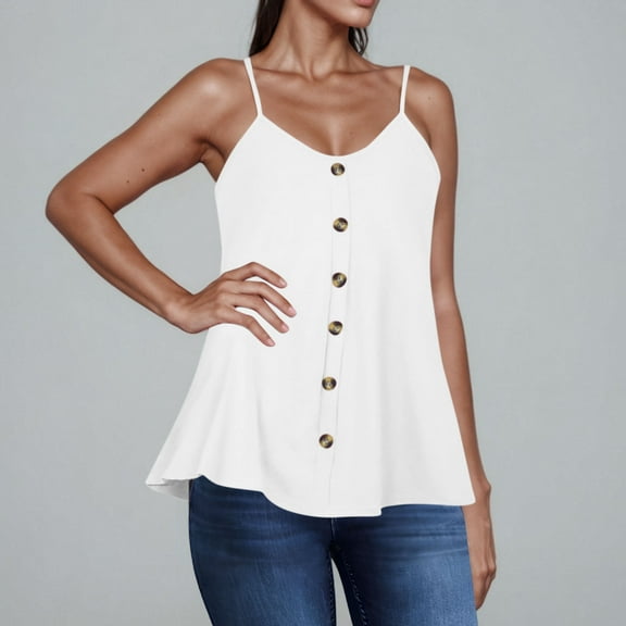 QUNYINEY Camisole Tank Top for Women Sleeveless Casual Solid Crewneck Shirts Peplum Loose Button Tank Tops