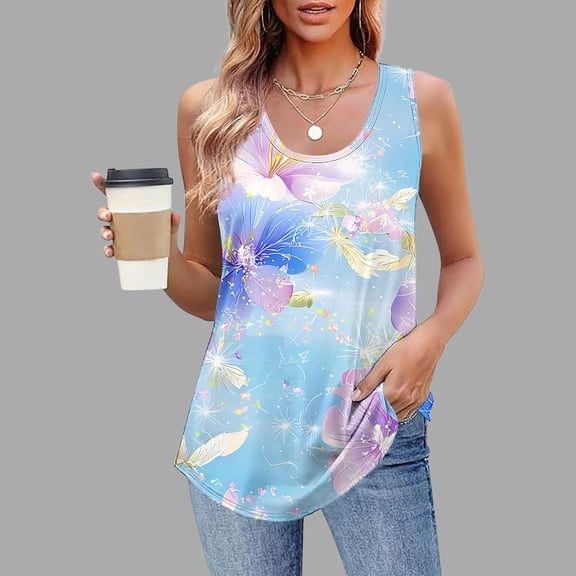 QUNYINEY Camisole Women Tank Top Crew Neck Casual Floral Sleeveless Tops Flowy Summer Loose Tank Tops