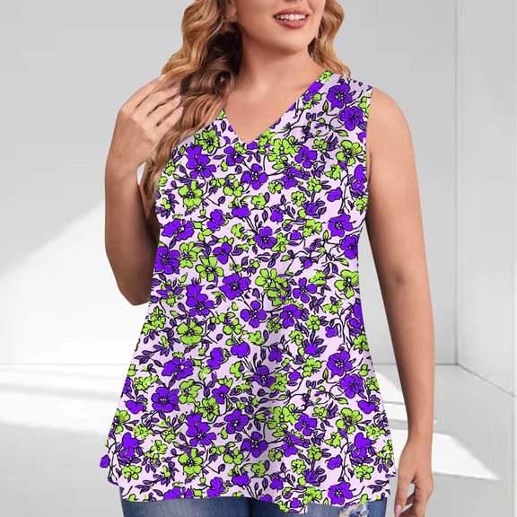 QUNYINEY Camisole Women Tank Top V Neck Floral Casual Sleeveless Tops Plus Size Loose Summer Tank Tops