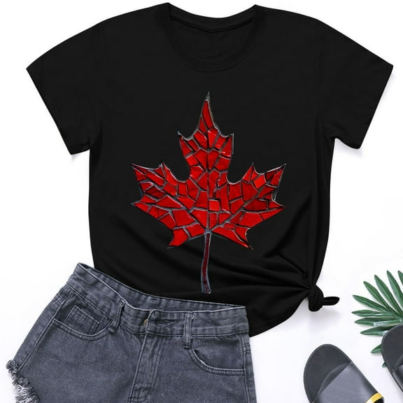 QUNYINEY Canadian Flag Shirts for Women Trendy Casual Crew Neck Short Sleeve Tops Summer Loose Pullover Women Tops