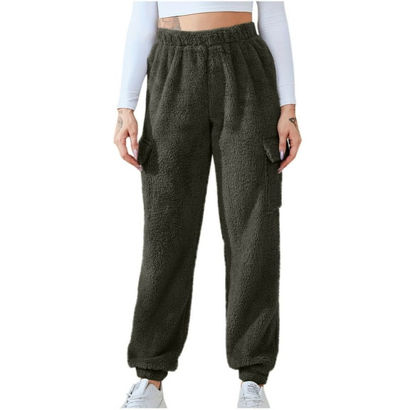 QUNYINEY Cargo Womens Pants Fleece High Waisted Jogger Green Trousers Green Loose Elastic Waist with Pockets Pants