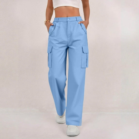 QUNYINEY Casual Baggy Cargo Pants Women Blue High Waisted Hiking Wide Leg Trousers Travel Pull-On Loose Fit Fall Outfits for Women