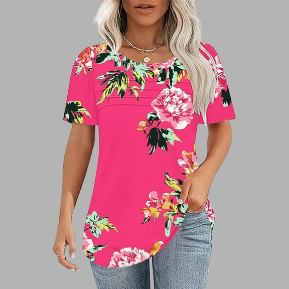 QUNYINEY Casual Blouse for Women Short Sleeve Hawaiian Crew Neck Tops Pleated Loose Beach Pullover Womens Tops