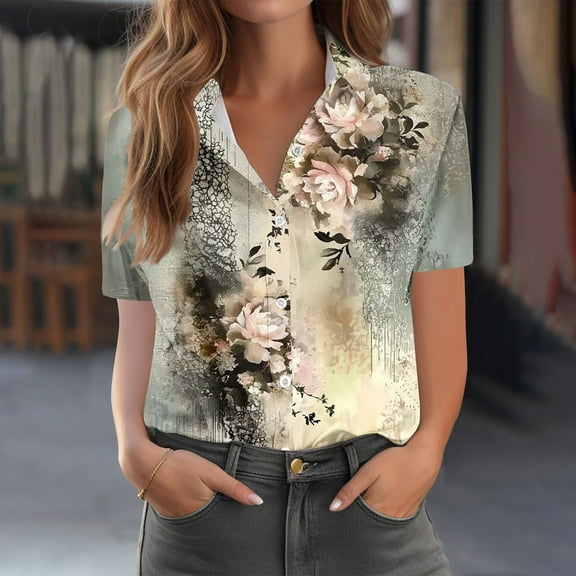 QUNYINEY Casual Button Down Shirts for Women Short Sleeve Collared Floral Blouses Loose Women Blouse
