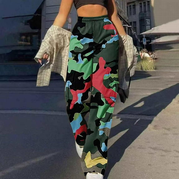 QUNYINEY Casual Cargo Pants Women Camouflage Cotton Wide Leg Trousers Loose Workout Pants