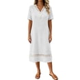 thumbnail image 1 of QUNYINEY Casual Dresses Women Short Sleeve White Midi Lace A Line Dress V Neck Loose Fit Vacation Beach Dresses, 1 of 7