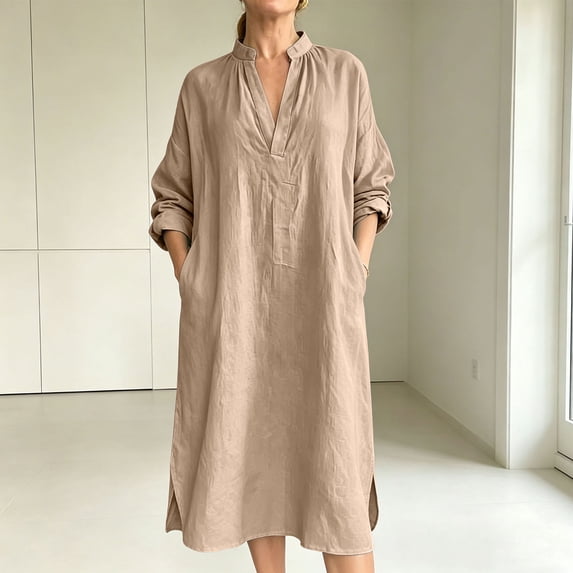 QUNYINEY Casual Dresses for Women Fall Long Sleeve Faux Cotton Linen Midi A Line Dress with Pockets Loose Fit V Neck Solid Dresses