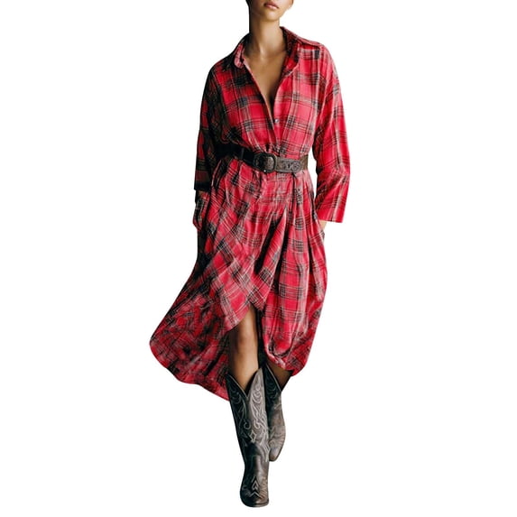 QUNYINEY Casual Dresses for Women Long Sleeve Plaid Button Down Vintage Midi Dresses Collared with Pockets Loose Fit Flowy Shirt Dress