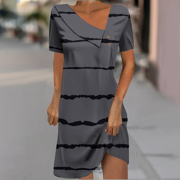 QUNYINEY Casual Dresses for Women Short Sleeve Striped A-Line Dress Button V Neck Mini Sundress