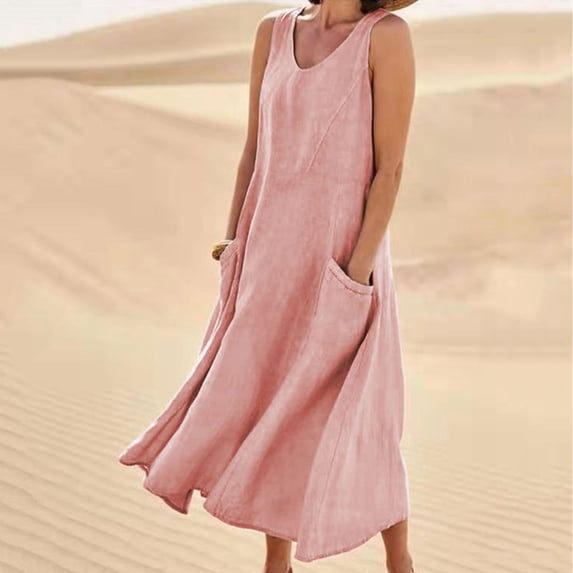 QUNYINEY Casual Dresses for Women Sleeveless Solid A-Line Dress V Neck Flowy with Pockets Midi Sundress