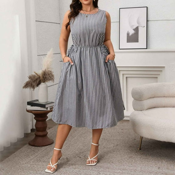 QUNYINEY Casual Dresses for Women Sleeveless Striped A-Line Dress Crew Neck Plus Size Flowy Midi Sundress