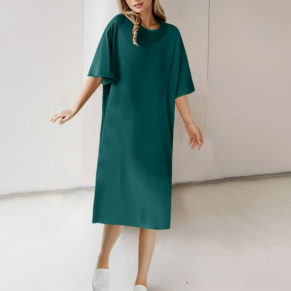 QUNYINEY Casual Dresses for Women Solid Short Sleeve Tent Dress Crew Neck Midi Sundress