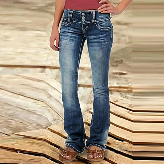 QUNYINEY Casual Jeans Women High Waist Wide Leg Stretch Solid Denim Pants Comfortable Relaxed Fit Pants