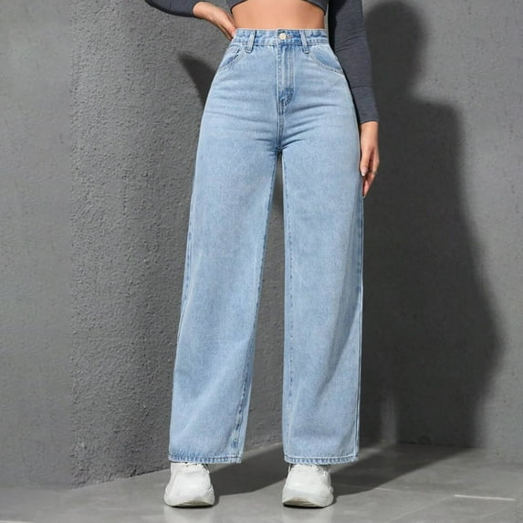 QUNYINEY Casual Jeans for Women High Waist Solid High Waist Wide Leg Button Denim Pants Relaxed Fit with Pockets Pants
