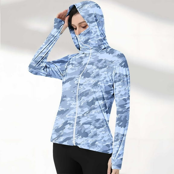 QUNYINEY Casual Light Weight Jackets Womens Zip Up Camouflage Hooded Coats with Pockets Thumb Holes Sun Protection Loose Jacket