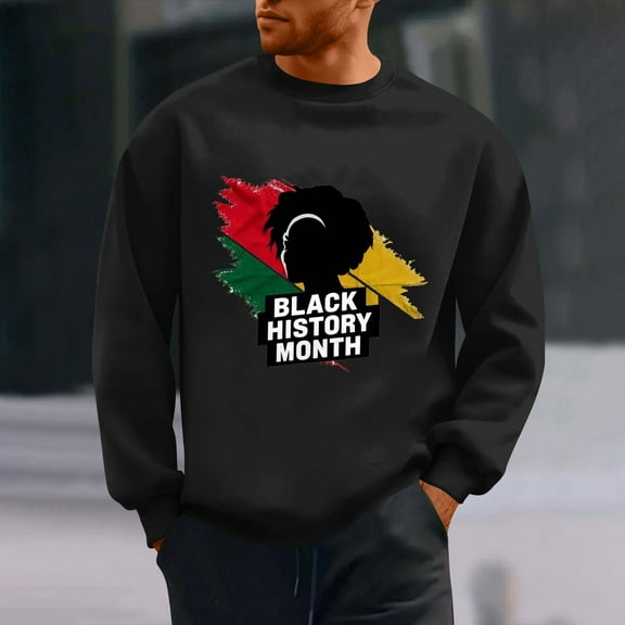 QUNYINEY Casual Men Sweatshirts Black Black History Month Crew Neck Long Sleeve Tops Loose Pullover Drop Shoulder Sweatshirts