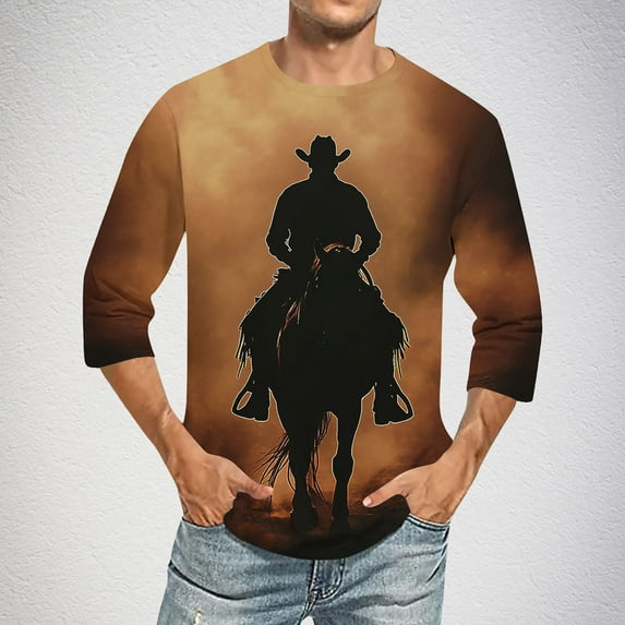 QUNYINEY Casual Men T Shirts Brown 3/4 Sleeve Western Cowboys Crew Neck Tops Classic Fit Pullover Men's Shirts