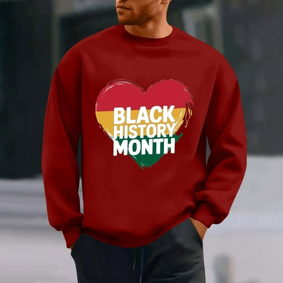 QUNYINEY Casual Mens Sweatshirt Crew Neck Long Sleeve Black History Month Red Tops Pullover Loose Drop Shoulder Sweatshirts