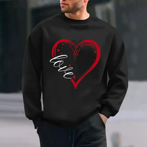 QUNYINEY Casual Mens Sweatshirts Black Crew Neck Long Sleeve Valentine's Day Tops Love Heart Loose Drop Shoulder Pullover Sweatshirt