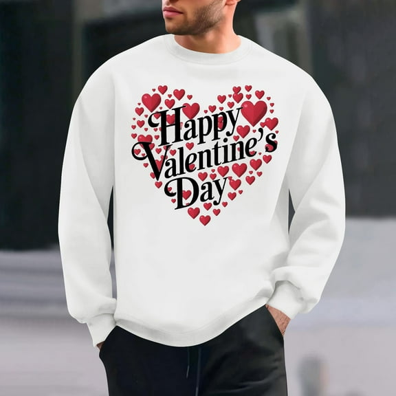QUNYINEY Casual Mens Sweatshirts Valentine's Day White Crew Neck Long Sleeve Tops Loose Drop Shoulder Sweatshirts