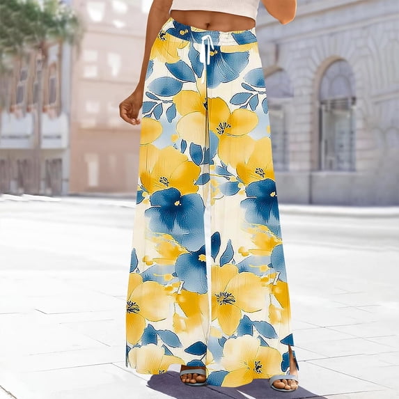 QUNYINEY Casual Pants for Women Floral Summer Wide Leg Palazzo Pants Relaxed Fit with Pockets Mid Rise Drawstring Elastic Waist Pants