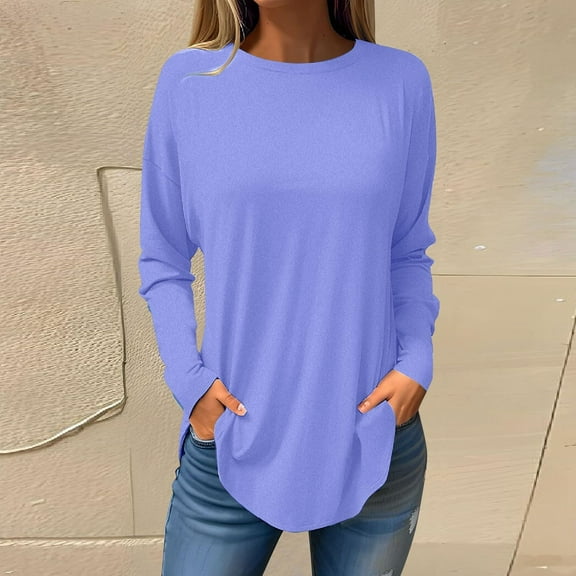 QUNYINEY Casual Shirts for Women Blue Crew Neck Solid Long Sleeve Tops Loose Drop Shoulder T-Shirts
