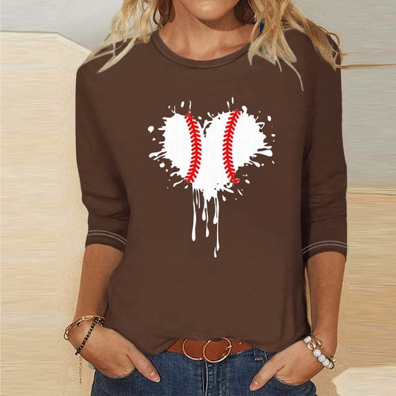 QUNYINEY Casual Shirts for Women Crew Neck Baseball Brown 3/4 Sleeve Tops Loose Drop Shoulder T-Shirts