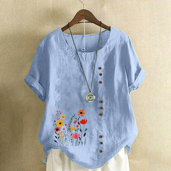 QUNYINEY Casual Shirts for Women Crew Neck Floral Short Sleeve Tops Cotton Linen Button Loose Pullover Tops for Women