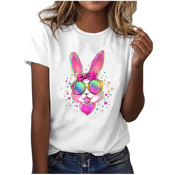 QUNYINEY Casual Shirts for Women Short Sleeve Easter Pullover Crew Neck Tops Funny Loose Tops for Women Trendy