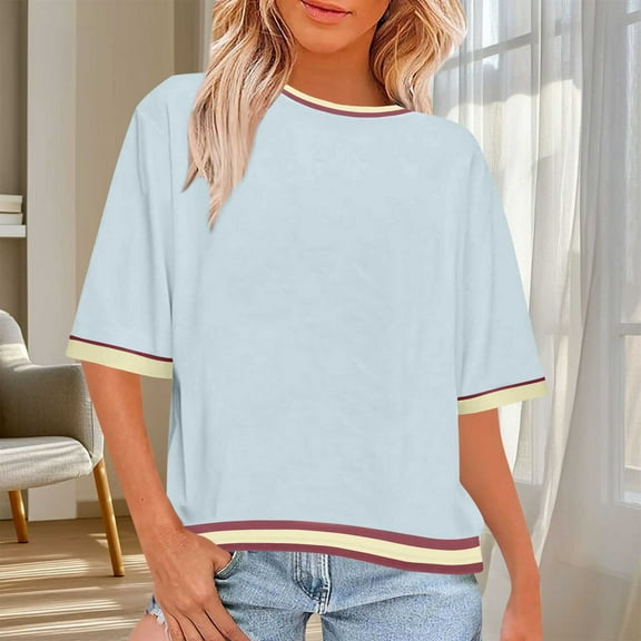 QUNYINEY Casual Shirts for Women Summer Colorblock Short Sleeve Tops Crew Neck Loose Pullover Classic T-Shirt