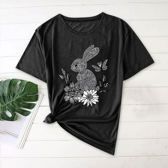 QUNYINEY Casual Shirts for Women Trendy Crew Neck Easter Short Sleeve Pullover Tops Loose Womens Tops Trendy