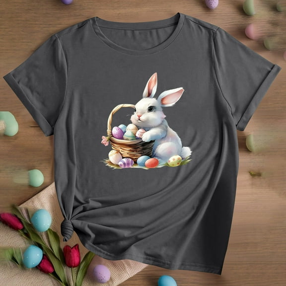 QUNYINEY Casual Shirts for Women Trendy Crew Neck Easter Short Sleeve Pullover Tops Loose Womens Tops Trendy