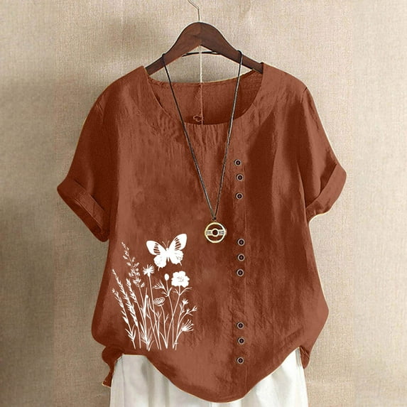 QUNYINEY Casual Shirts for Women Trendy Crew Neck Short Sleeve Butterfly Tops Button Loose Cotton Linen Pullover Shirts