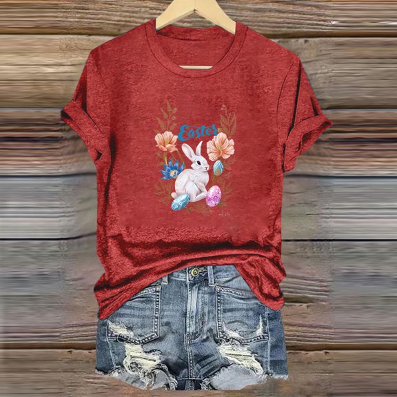 QUNYINEY Casual Shirts for Women Trendy Crew Neck Short Sleeve Easter Pullover Tops Loose Summer Tops for Women