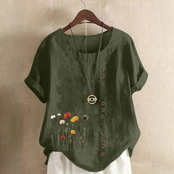QUNYINEY Casual Shirts for Women Trendy Dandelion Crew Neck Short Sleeve Tops Loose Button Pullover Cotton Linen Shirts